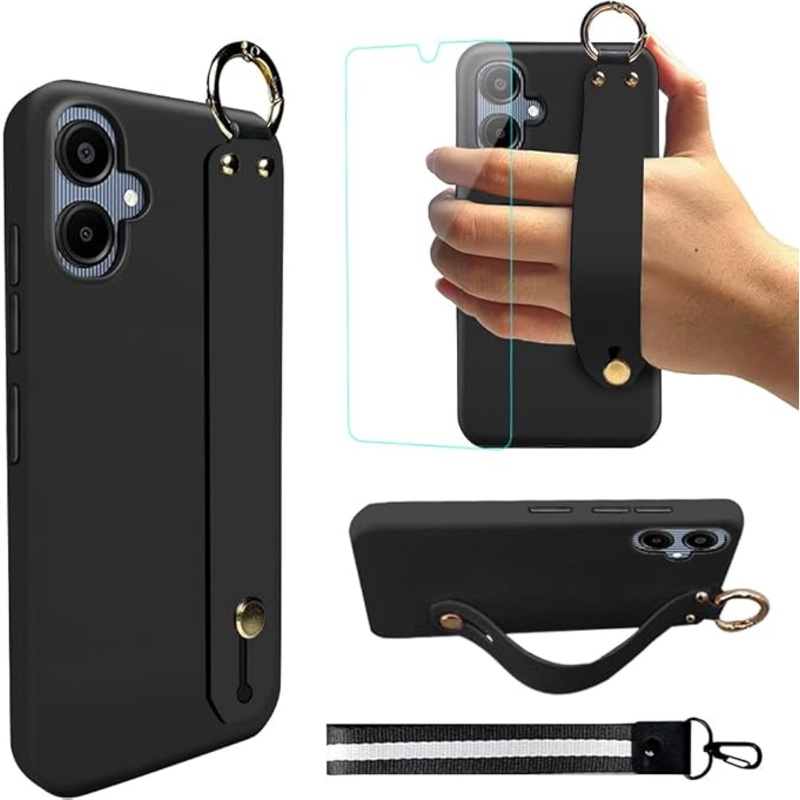 Sitikai Samsung Galaxy A06, Wrist Strap Hand Holder Bracelet Case with Tempered Glass Screen Protector Silicone TPU Wristband Stank – Black