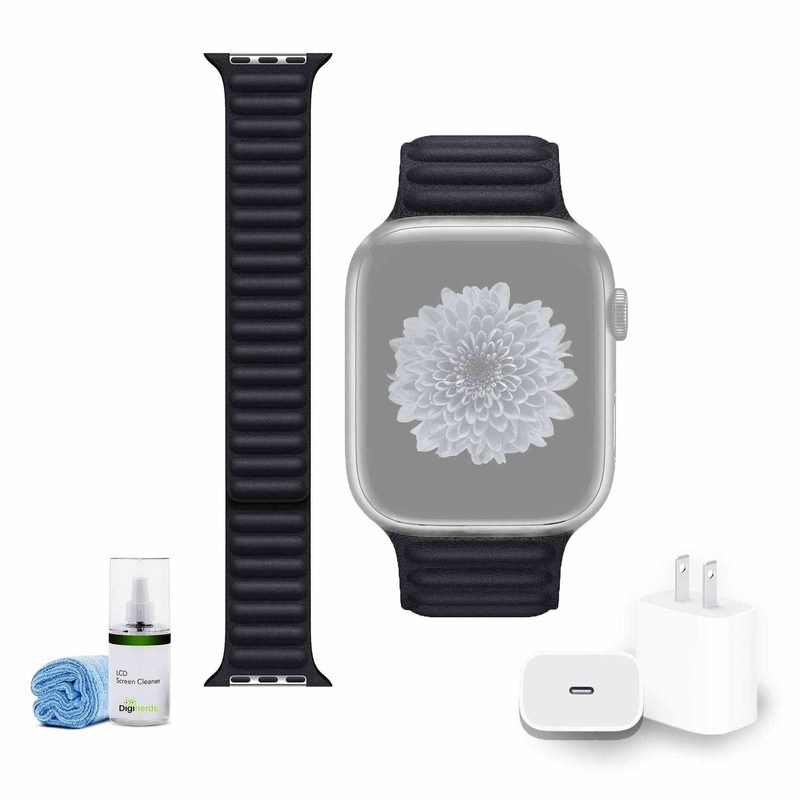 Apple 45mm Leather Watch Band – Midnight S/M with USB-C Charging Block Bundle