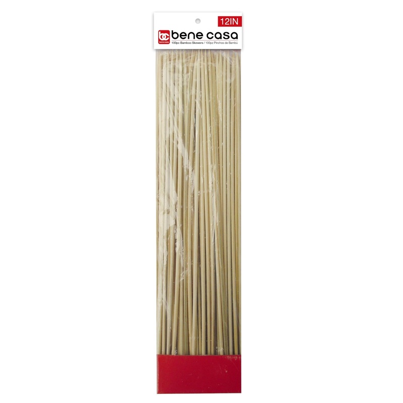 Bene Casa 100-Piece Bamboo Skewer Pack, 12in Bamboo Skewers, 100% Natural Bamboo, Eco-Friendly Skewers, Food Grade Skewers for Cooking