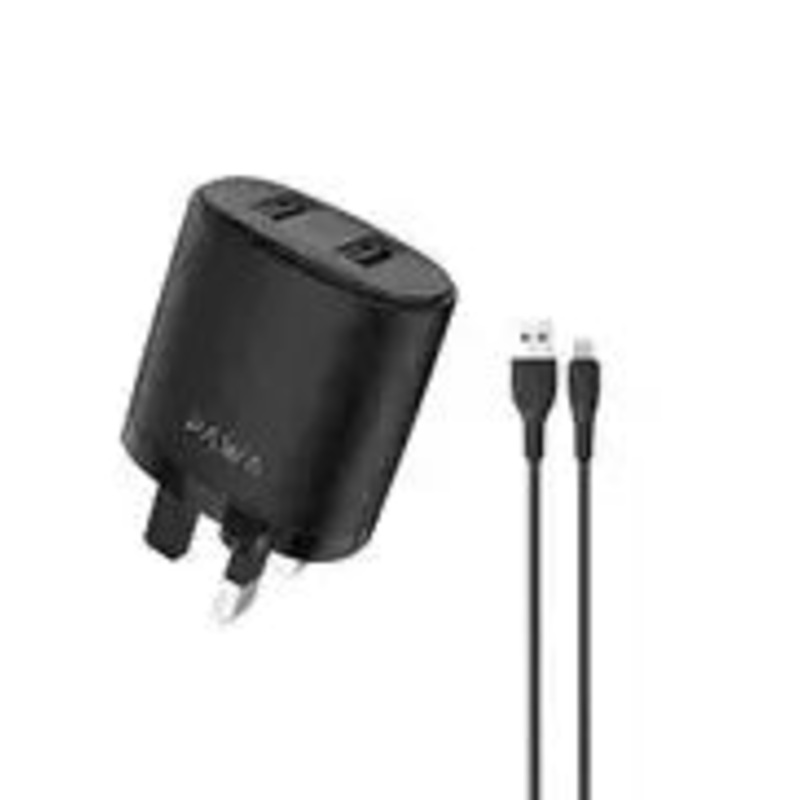 Pawa Dual USB Port Auto-ID Wall Charger 2.4A UK with Type-C Cable PW-24AIUKC-BK – Black