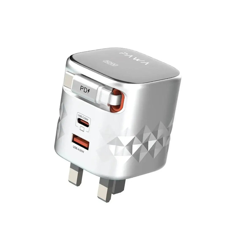 Pawa Retro 50W UK Charger With Retractable Cable – Grey & Black ( PW-TAR50ACT-GYBK)