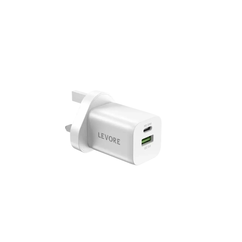 Levore Wall Charger 33W 1XUSB-C PD and 1XUSB-A QC3 Port – White – LGW121-WH