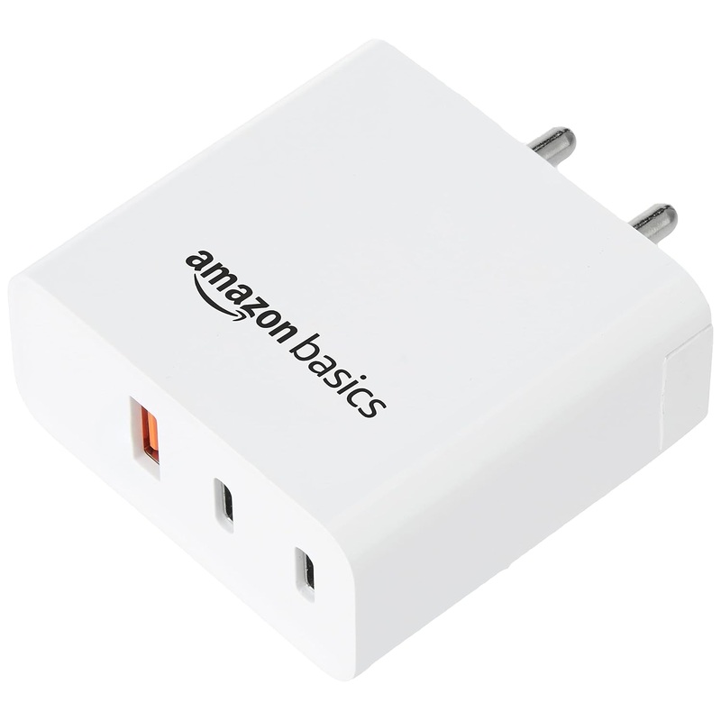 (Open Box) Amazon Basics High Power 65W Mobile/Laptop Charger Dual Port Output with Type-C Charging Cable (White)