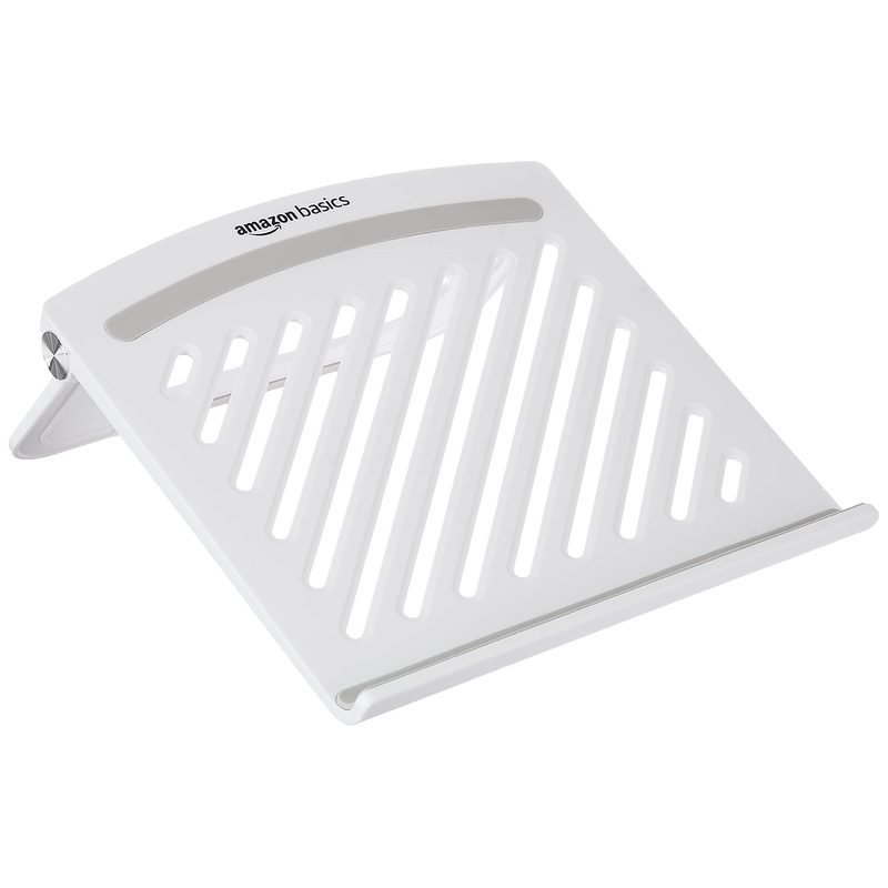 (Open Box) AmazonBasics Tabletop Foldable Laptop Stand for Desk, Portable Notebook Riser, Radiator Grill Design for Ventilation & Cooling for Laptops/Tablets Up to 15.6-Inches (White)