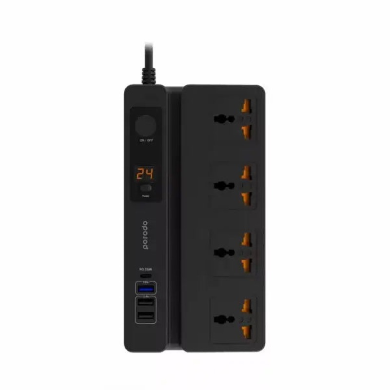 Porodo 4 AC 3 USB & USB-C PD 35W Socket 3M 3000W UK Black