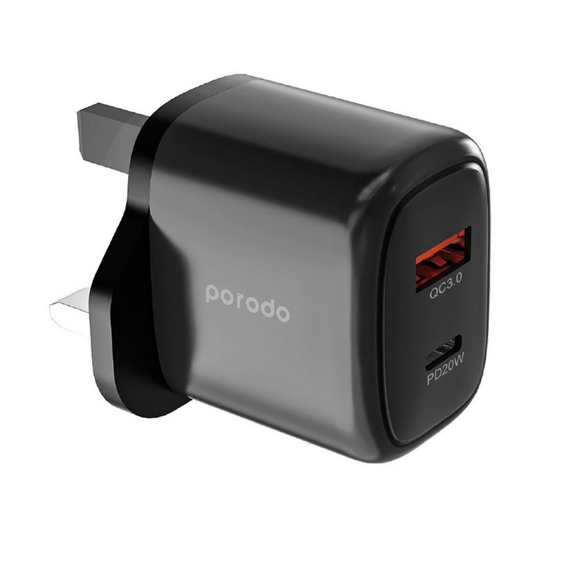 Porodo 20W+QC USB A+C Charger UK with C-Lightning 1.2M Cable – Black