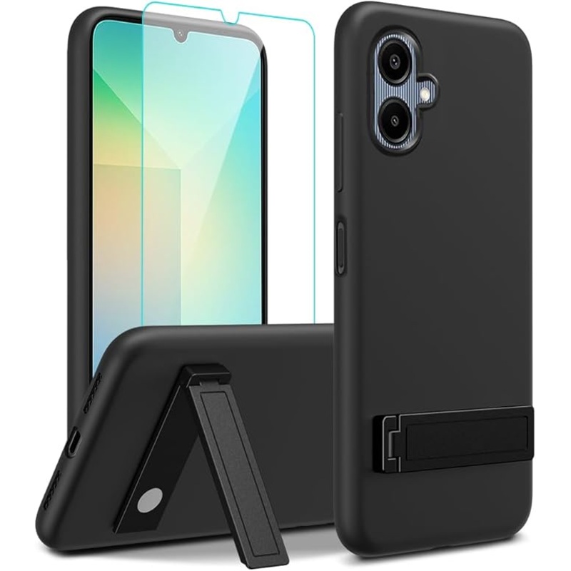 Samsung Galaxy A06 2024 Phone Case with Glass Screen Protector, [3 Stand Ways] Metal Kickstand / Stand Silicone TPU Slim Fit Shockproof – Black
