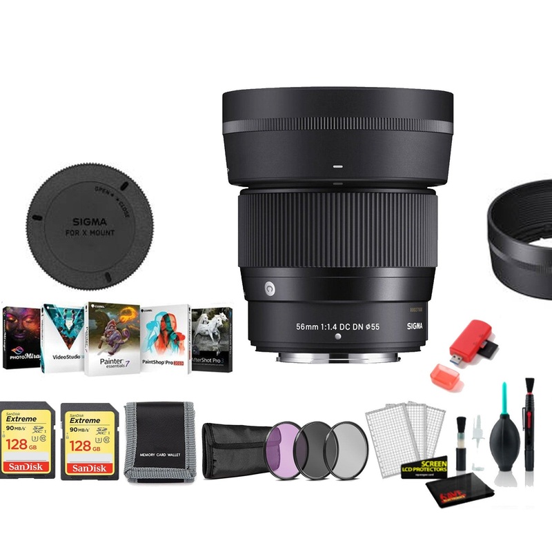 Sigma 56mm f/1.4 DC DN Contemporary Lens for FUJIFILM X – with 2X 128G Memory Card, Editing Software and More