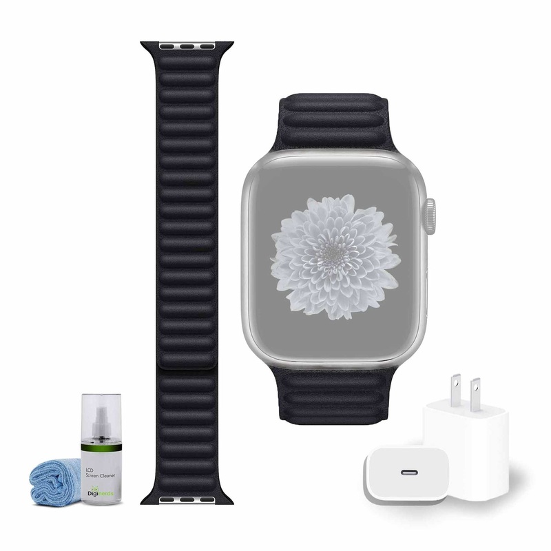 Apple 45mm Leather Watch Band – Midnight M/L with USB-C Charging Block Bundle