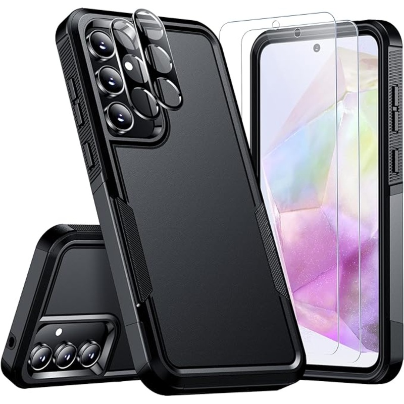 SPIDERCASE  2 Pack[Tempered Glass Screen Protector + Camera Lens Protector] Heavy Duty Shockproof Case,Black