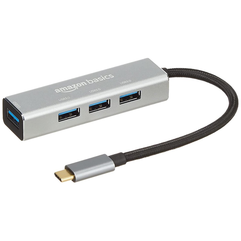(Open Box) Amazon Basics 4 Port Superspeed USB 3.0 Hub with Charging Function and 15 CM Built-in Cable (Grey)
