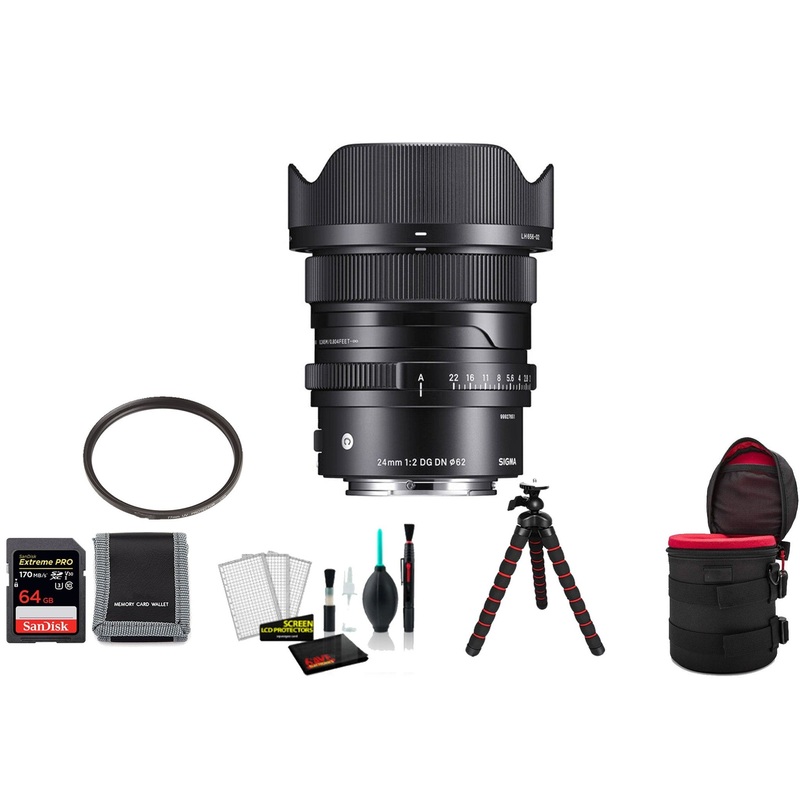 Sigma 24mm f/2 DG DN Contemporary Lens for Sony E with 64GB Memory Card and UV Filter