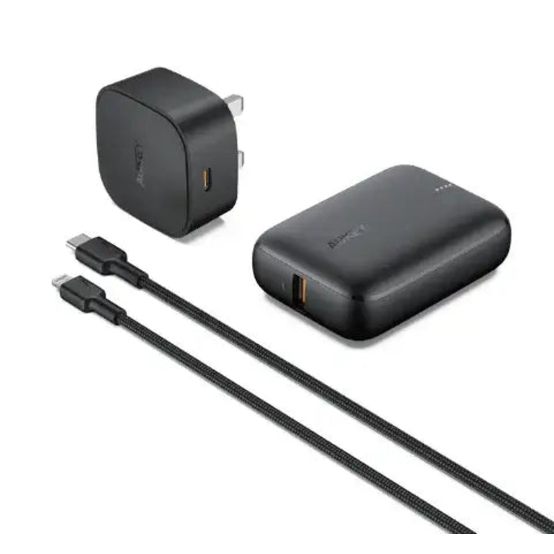 Aukey On The Go Bundle I Mini PD Wall Charger Portable PD Power Bank Nylon Braided USB-C To Lightning Cable