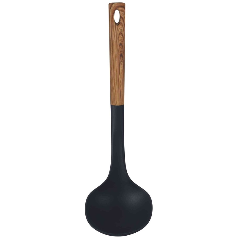 Bene Casa – Black Ladle with Wood Like Handle, Heat Resistant. Black Ladle w/Wood Like Handle, 14