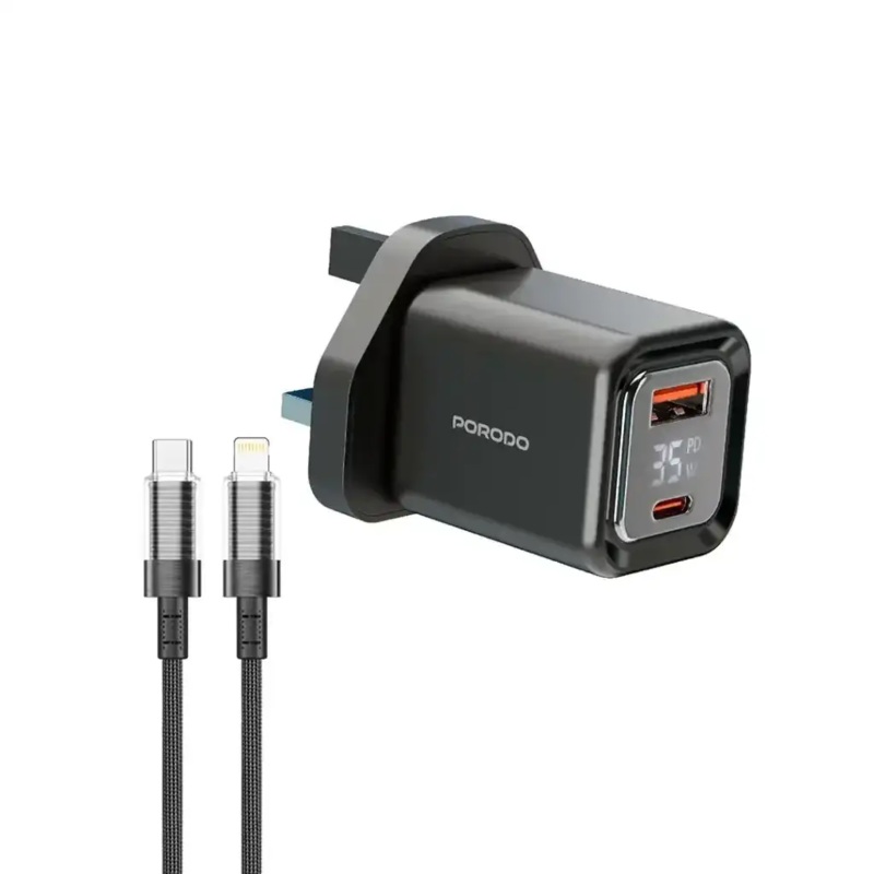 Porodo Dual-Port | Digital Display Quick Charger with Cable Type C To Lightning cable