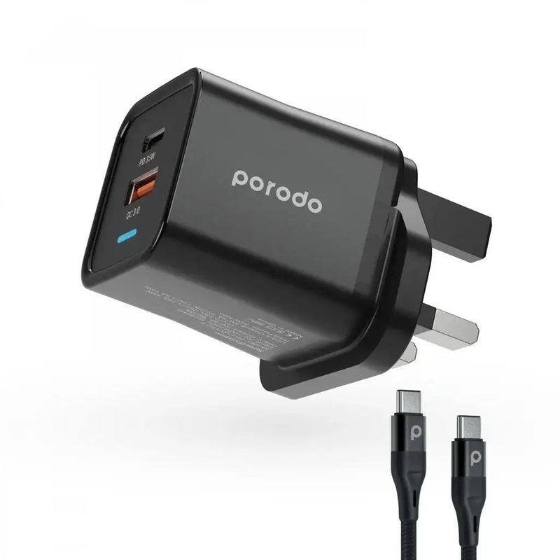 Porodo A+C 35W Wall Charger UK w/ Braided Type-C to Type-C Cable 1.2m (PD-FWCH010-C-BK) – Black