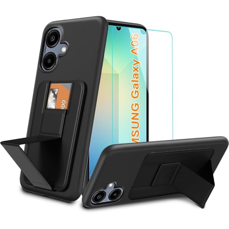 Samsung Galaxy A06 2024 Tempered Glass Screen Protector, Card Holder / Slots Folding Kickstand Silicone Protective Case-Black
