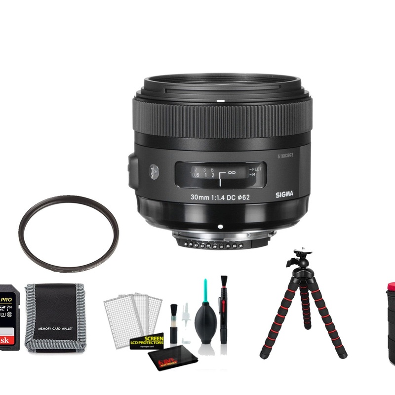 Sigma 30mm f/1.4 DC HSM Art Lens for Nikon F with 64GB Memory Card and UV Filter