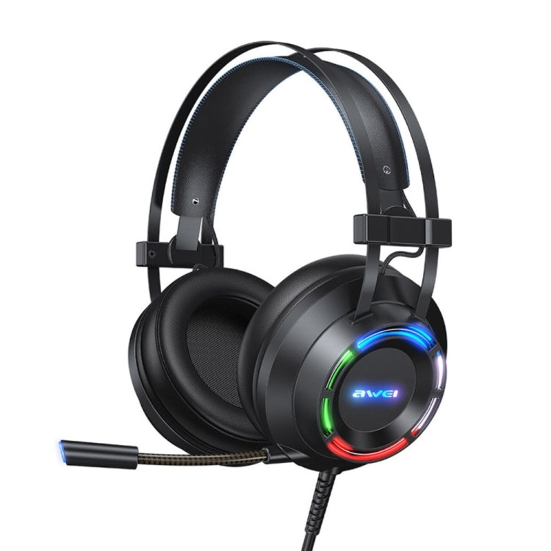 Awei USB + 3.5mm Ambient Light Gaming Wired Headset with Microphone – Black
