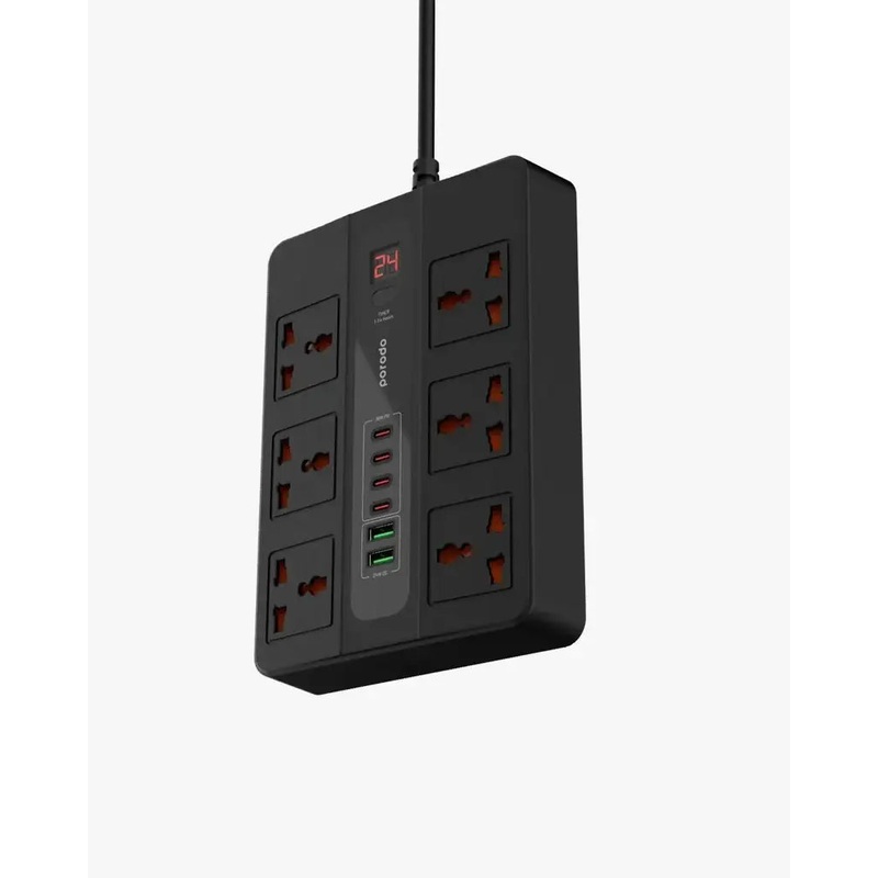 Porodo 6 AC 2 USB-A 24W & 4 USB-C PD 36W Multi-Port Super Hub 2M 3000W UK – Black