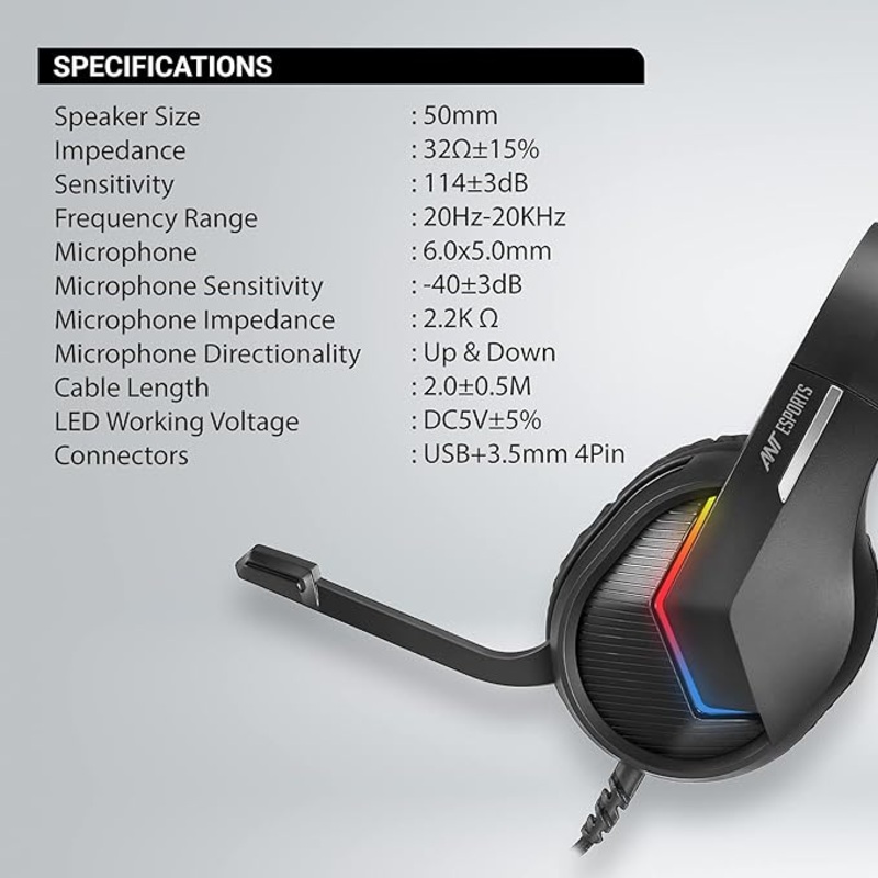 (Open Box) Ant Esports H1100 Pro RGB Wired Over Ear Gaming Headphones with Mic for PC / PS4 / PS5 / Xbox One / Switch1, Carbon Black