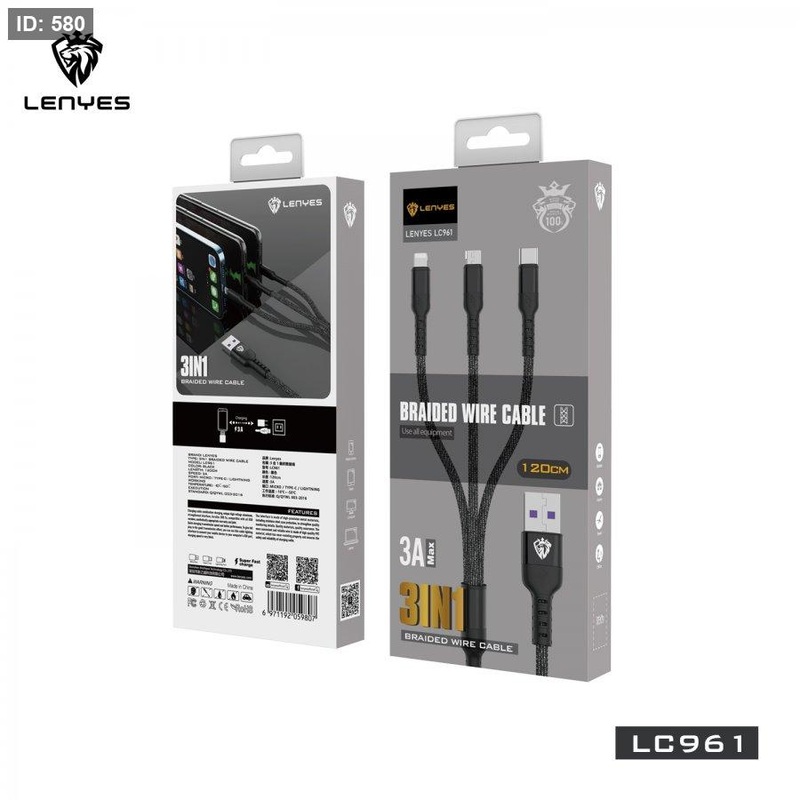 Lenyes LC961  3-in-1 Fast Charging Cable (USB-C + Lightning + Micro)