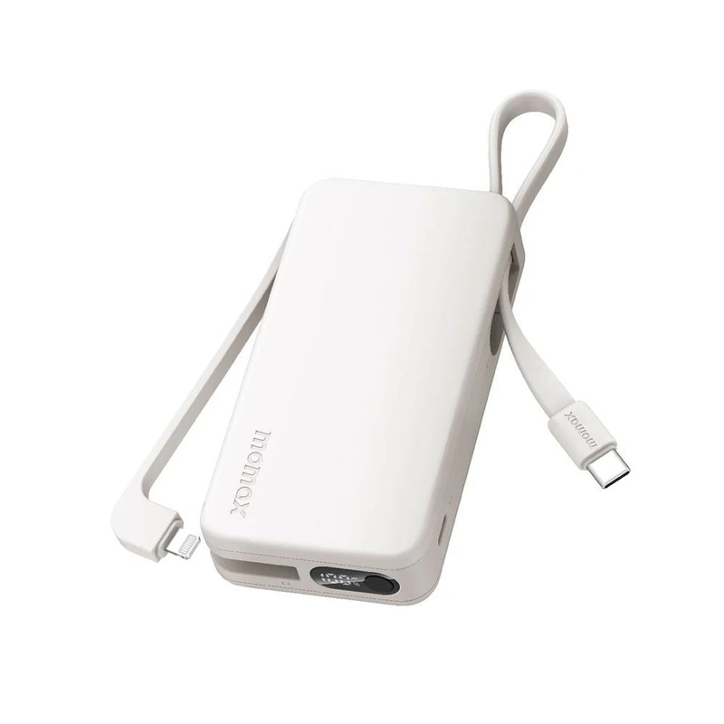 Momax 1-Power Vital Battery Pack 10000mAh With Dual Built-In Usb-C & Lightning Cable White