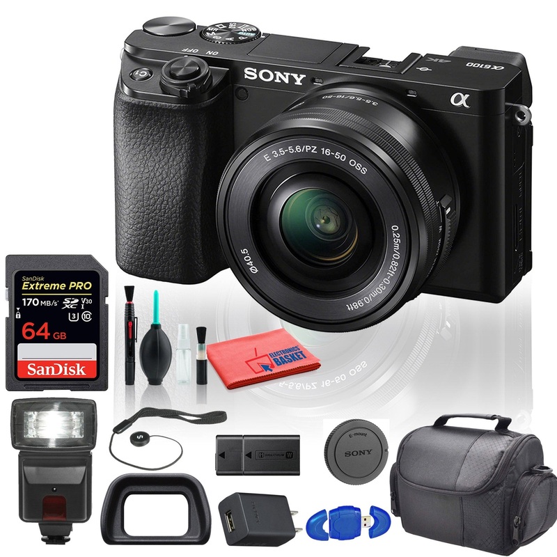 Sony Alpha a6100 Mirrorless Digital Camera (ILCE6100L/B) with 16-50mm Lenses With Flash, Extra Battery,  64GB Memory Card, Padded Bag, and More – Extra Battery Bundle